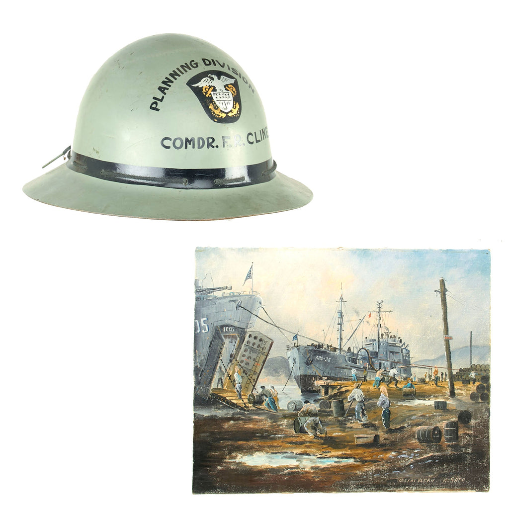 Original U.S. Korean War Navy Commander’s Painted Planning Division Helmet with Painting of Ulsan 1951 - Commander Ford Robert Cline - 15 x 18”