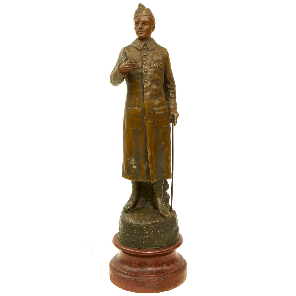 Original French WWI Era Bronze French Soldier Statue on Wooden Base - “A La Promenade” Original Items