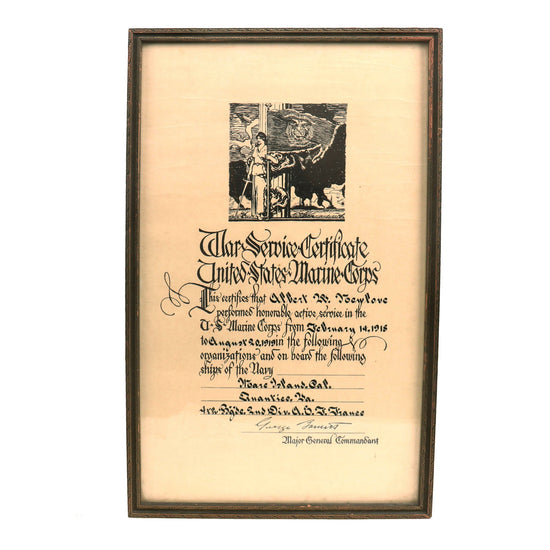 Original U.S. WWI U.S.M.C. War Service Certificate - Albert Wyman Newlove, 5th Regiment, Marine Corps, 2nd Division - 11½ x 19” Original Items