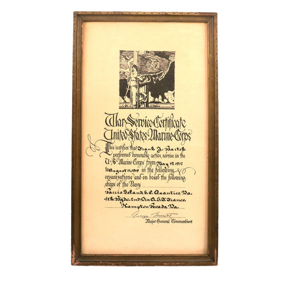 Original U.S. WWI Framed U.S.M.C. War Service Certificate to Marine Gassed at the Battle of Blanc Mont - Frank John Bartek - 11x19” Original Items