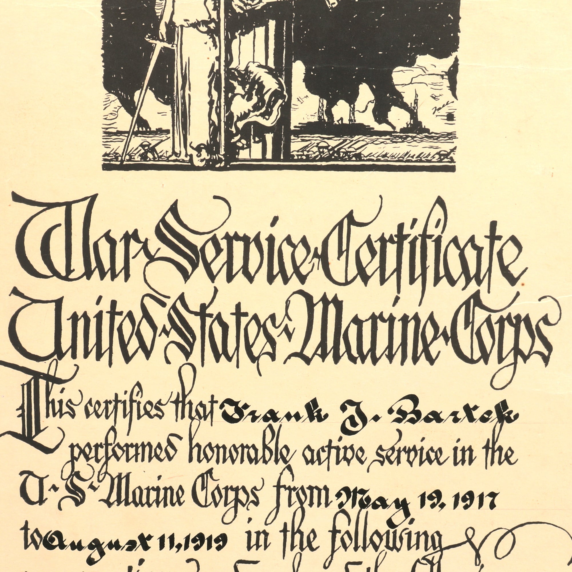 Framed 2024 Original Antique 1918 USMC Marine Corps War I Service Certificate