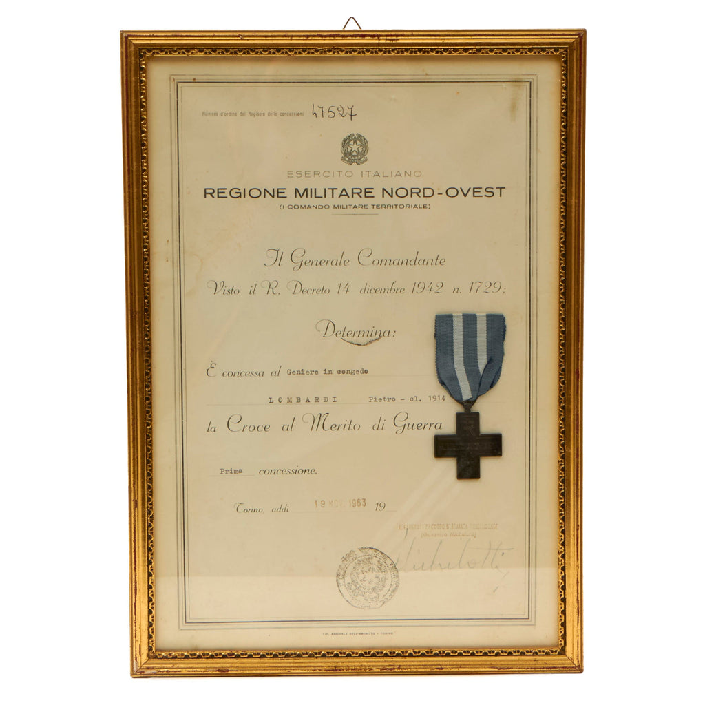 Original Italian WWII Framed War Merit Cross Medal with Original Certificate Named to Pietro Lombardi - 10½ x 14⅝” Original Items