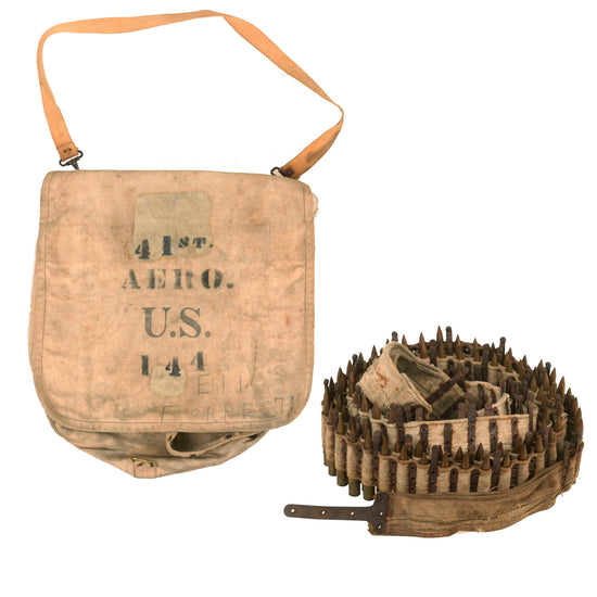 Original U.S. 41st Aero Squadron M1904 Haversack with Captured German MG08/15 Machine Gun Canvas Ammunition Belt with 93 Rounds of Inert 1917-Dated 8mm Mauser