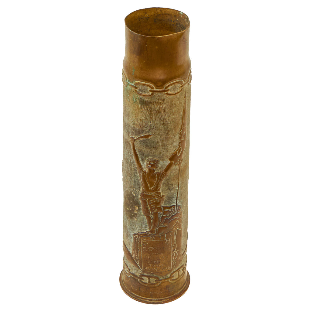 Original U.S. Philippine-American War Outstanding & Intricate Navy Trench Art Shell Engraved with Flags, Statue Commemorating Heroes of ‘96 - Named to Philippine-Born 17-Year USN Veteran - Dated 1898