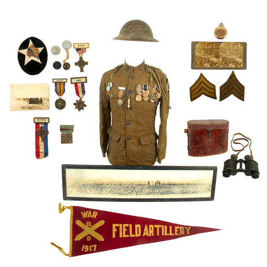 Original U.S. WWI 2nd Division 2nd FA Brigade Regimental Sergeant Major Uniform and Medal Grouping with Velvet Patches & Dog Tags, Yardlong & Pennant - Edmund Smith Mills Original Items