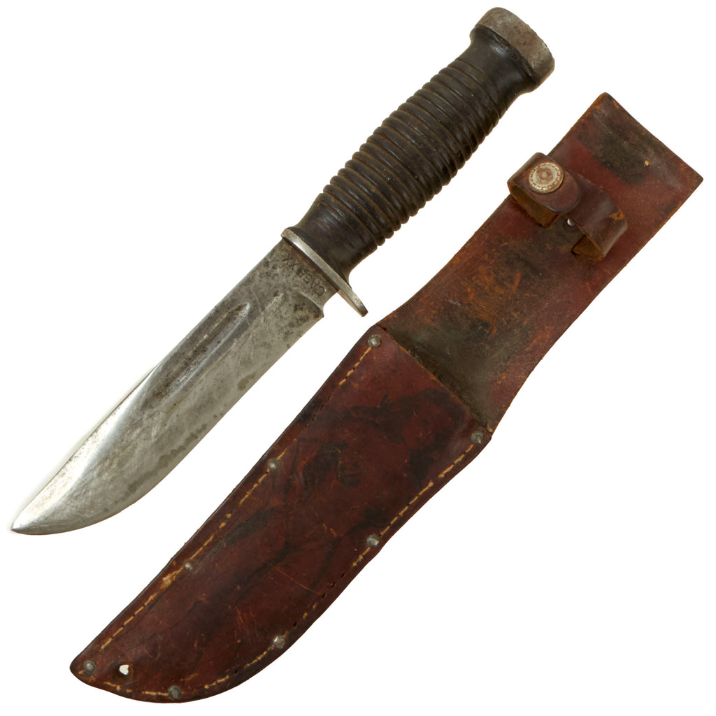 Original U.S. WWII Case 337-6”Q Fighting Knife in Correct Leather Sheath with Depiction of Pinup Style Naked Lady - Quartermaster “Q” Knife