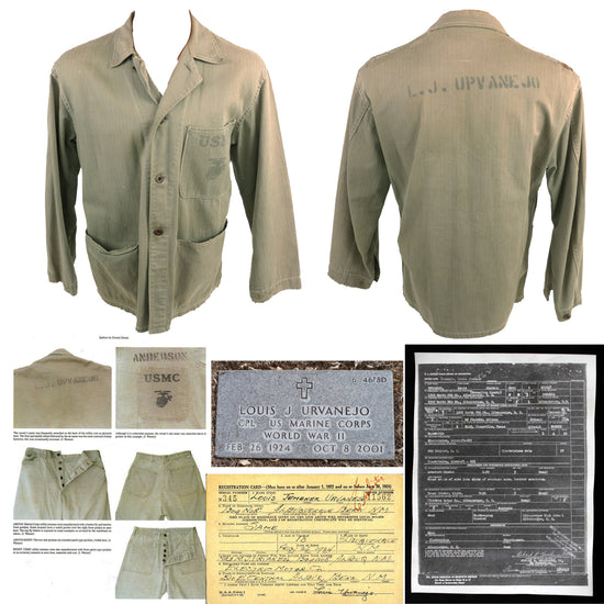 Original U.S. WWII U.S.M.C. Named HBT Herringbone Twill P44 Jacket Featured in Sailors in Forest Green Book by Jeff Warner Original Items