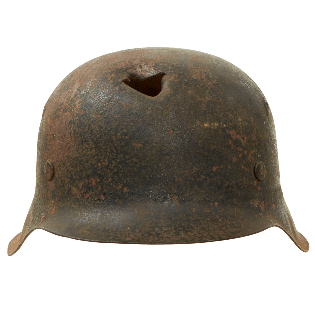 Original German WWII M42 Wehrmacht KIA Shot Damaged No Decal Helmet with Liner Band -  stamped ckl Original Items