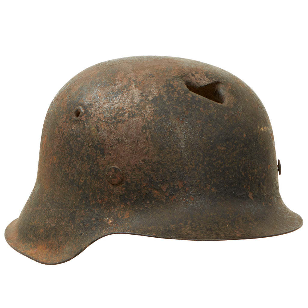 Original German WWII M42 Wehrmacht KIA Shot Damaged No Decal Helmet with Liner Band -  stamped ckl Original Items