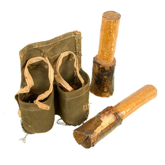 Original Vietnam War NVA / VC North Vietnamese Inert Full Wooden Training ChiCom Stick Fragmentation Grenade Set with Carrier Pouch