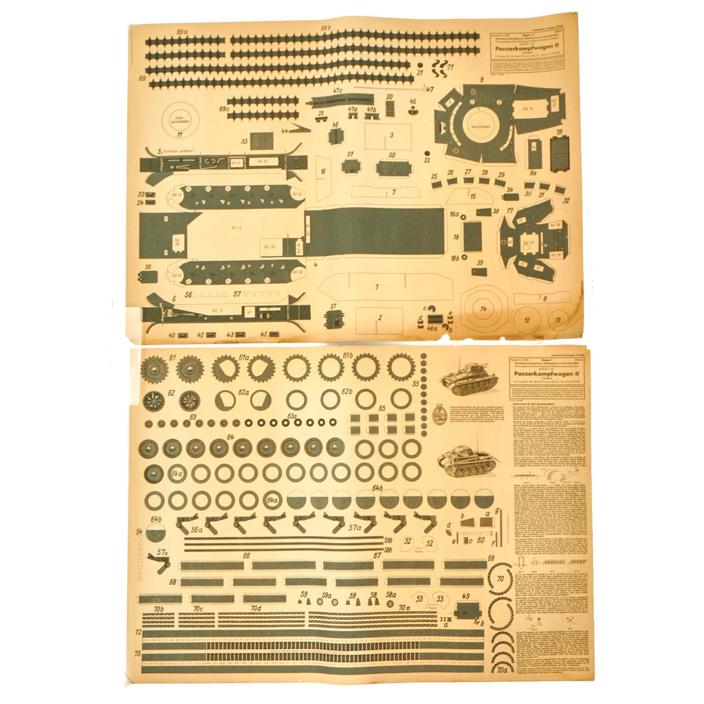 Original German WWII Unused Panzerkampfwagen II 1:20 Scale Paper Model Training Set by Dr. M. Matthiesen & Co. dated 1943 - 2 Build Sheets Original Items