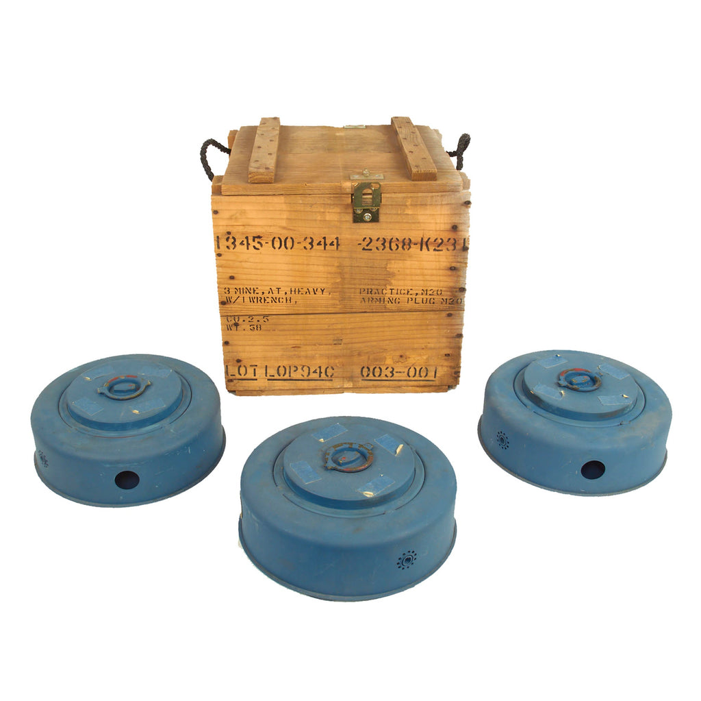 Original U.S. Pre-Vietnam War Inert Mine Anti-Tank Heavy Practice M20 Set of Three with Wood Transit Chest Original Items