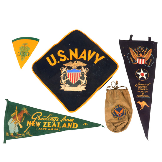 Original U.S. WWII Era Lot of Souvenir Pennants & Pillowcase - USAF Ditty Bag Original Items