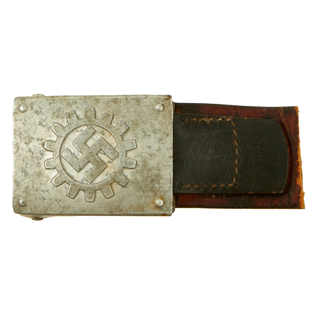 Original German WWII DAF Aluminum Belt Buckle with Attached Leather Belt Remnant Original Items