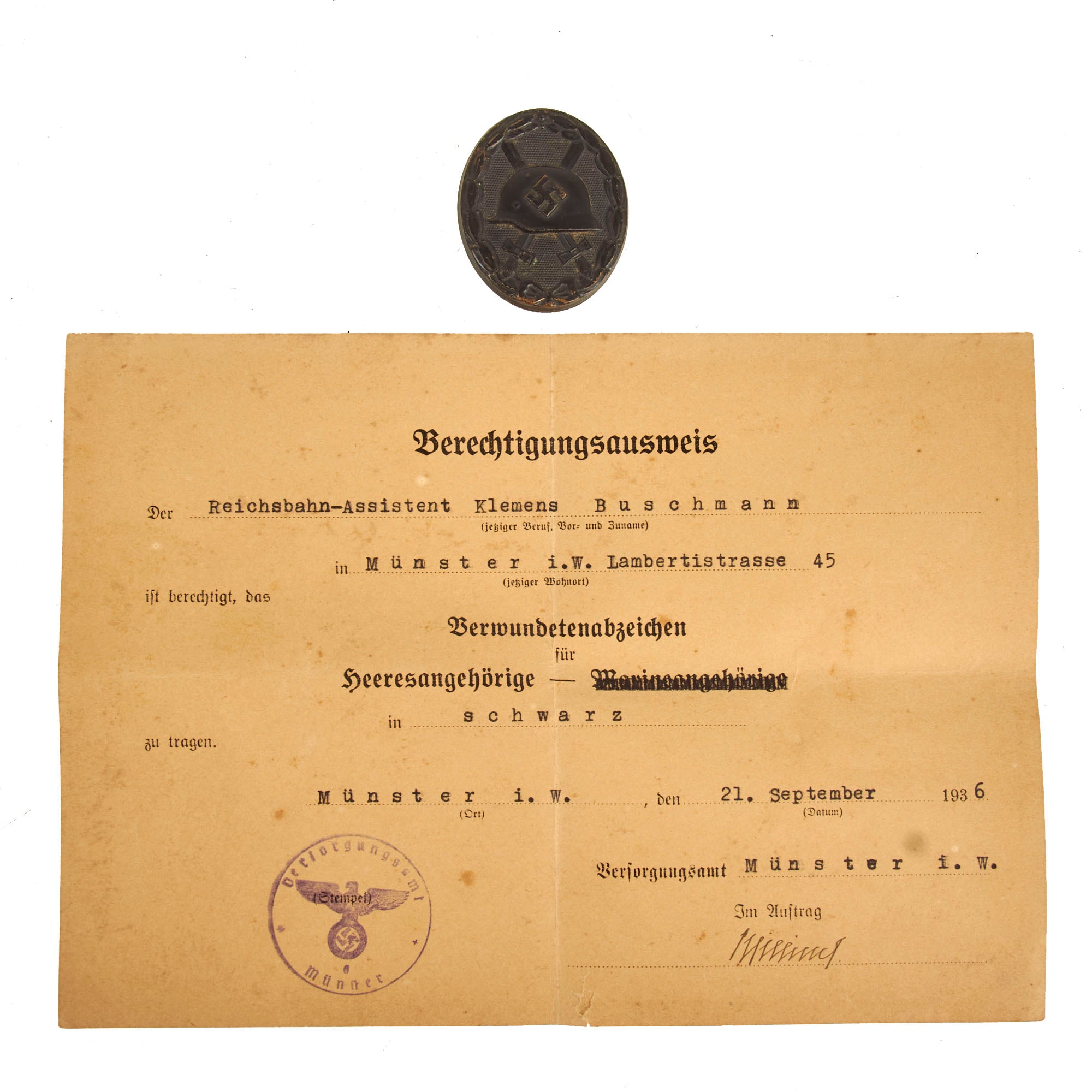 Original German Pre-WWII Black 3rd Class Wound Badge with Named Award  Document - Dated 1936