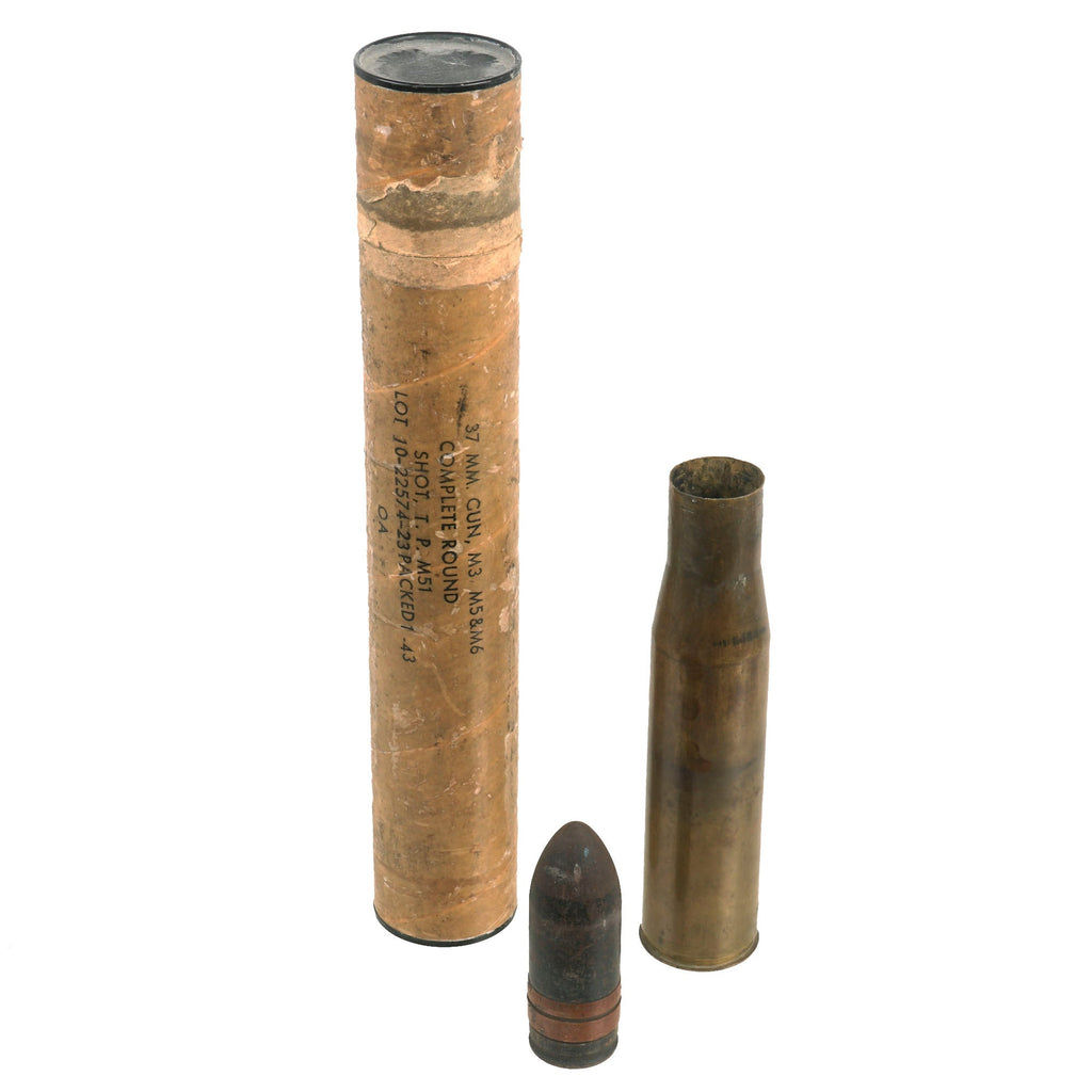 Original U.S. WWII Inert 37mm M80 Armor-Piercing Round For The Browning M4 Autocannon in Storage Container - Dated 1943 & 1944 Original Items
