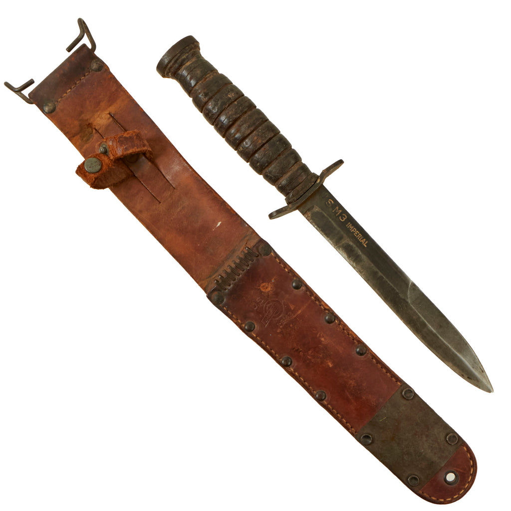 Original U.S. WWII Service-Worn M3 Blade Marked Fighting Knife by Imperial with 1943 dated M6 Leather Scabbard