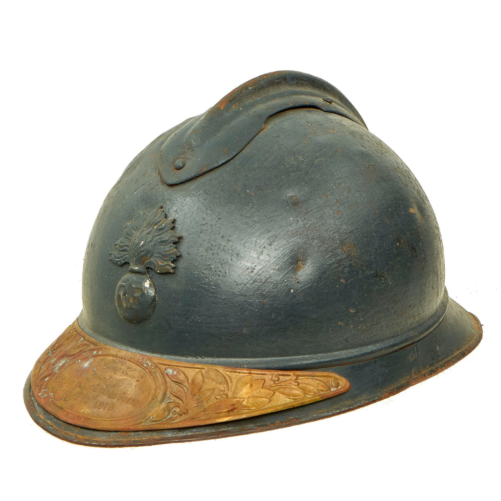 Original French WWI Issue Model 1915 Adrian Helmet in Horizon Blue with RF Badge and Soldat De La Grande Guerre Plaque Original Items