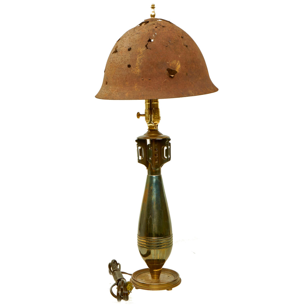 Original U.S. WWII Trench Art Lamp made with Japanese WWII Type 92 Helmet  Shell Relic & Nickel Plated Type 100 81mm Mortar Round - Functional