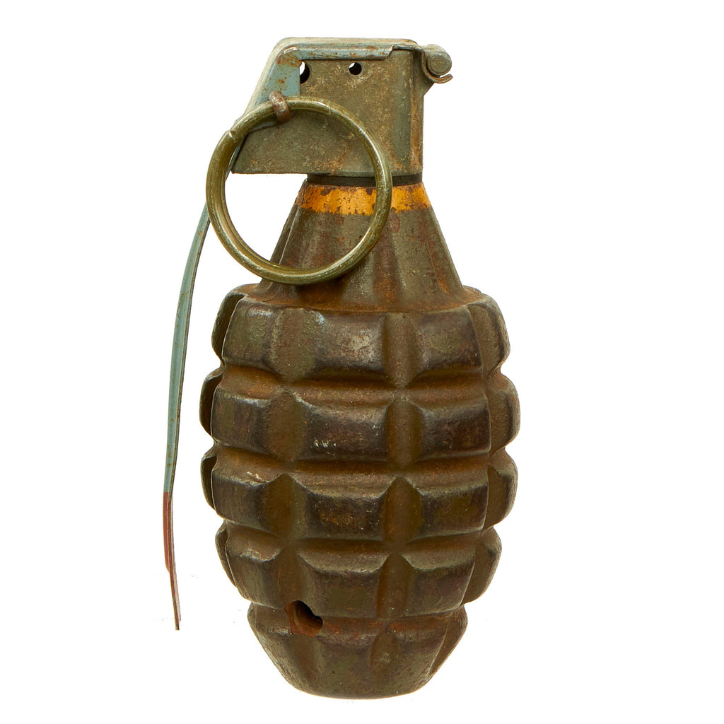 Original U.S. WWII Inert MkII Pineapple Grenade with Yellow Ring & Post Korean War Era M205A2 Fuze Original Items