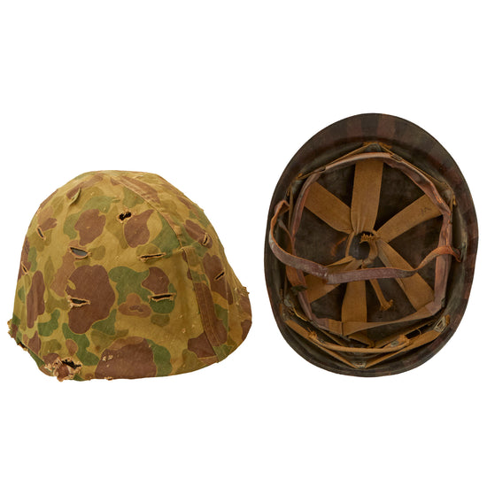 Original U.S. WWII & Korean War Front Seam Fixed Bale M1 Helmet with 1953 Dated HBT USMC Camouflage Cover - Named