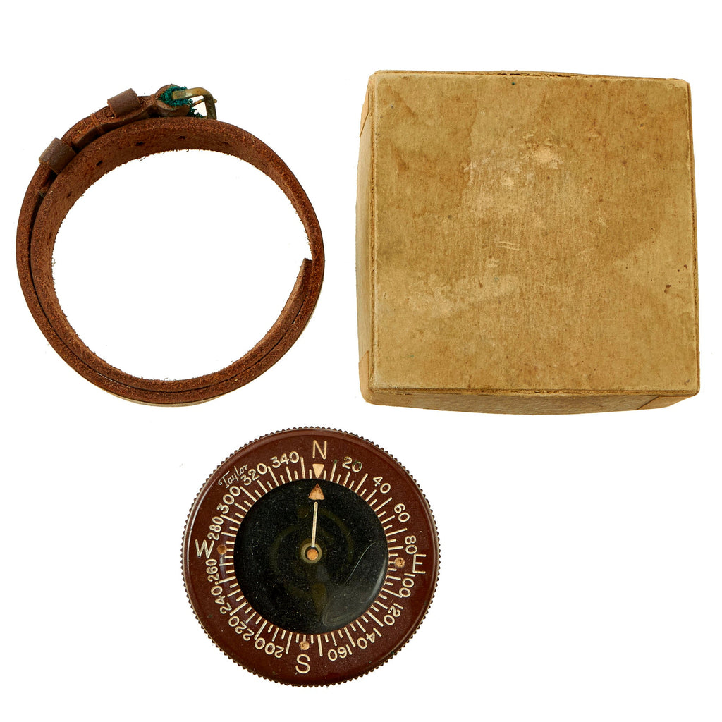 Original U.S. WWII Unissued Paratrooper Liquid Filled Wrist Compass by Taylor with Leather Wrist Band and Original Box Original Items