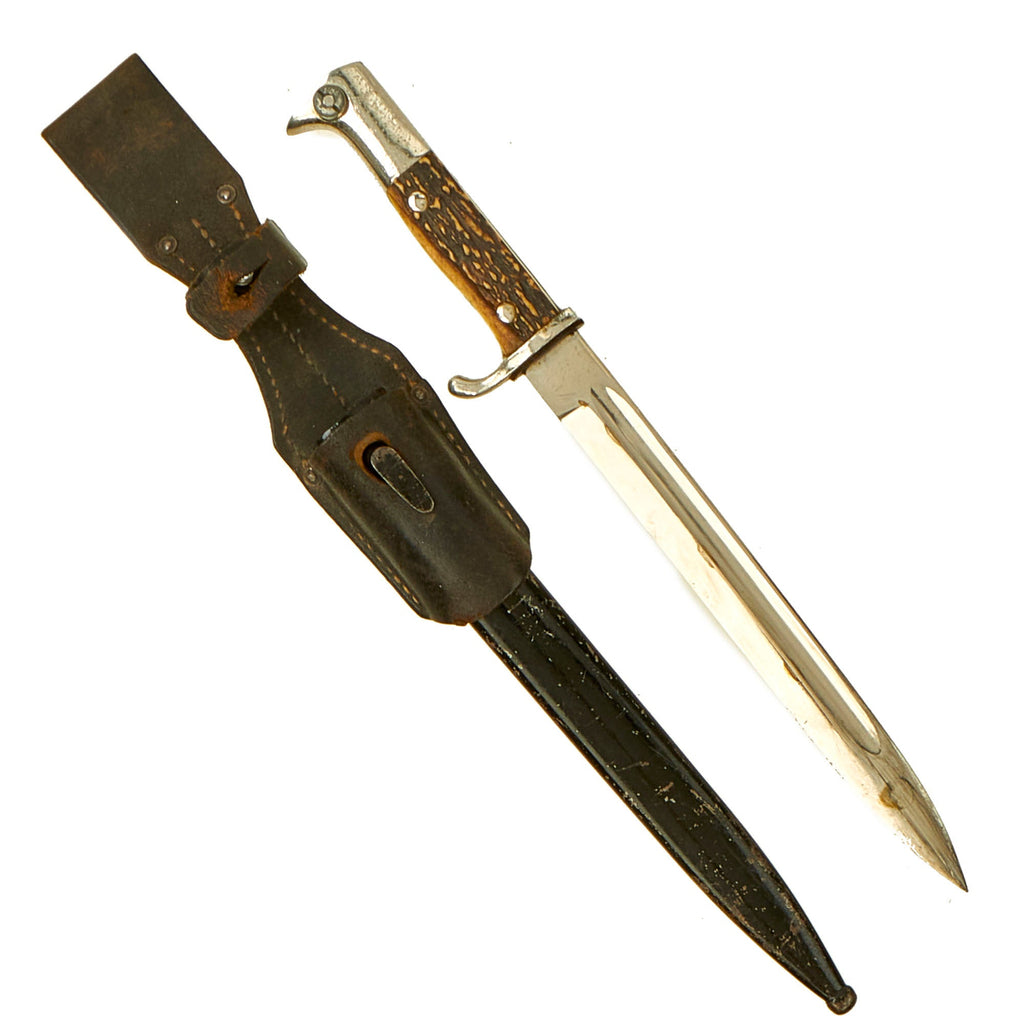 Original German WWII Heer Long 98k Dress Bayonet by Ernst Pack & Söhne with Stag Grips & Scabbard Original Items