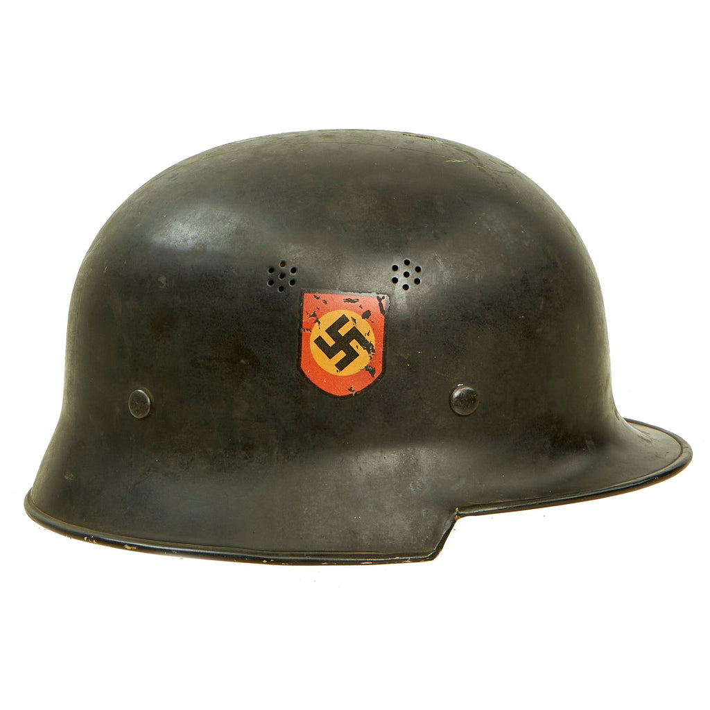 Original German WWII M34 Square Dip Aluminum Fire Police Helmet with Double Decals - Feuerwehr Helmet Original Items