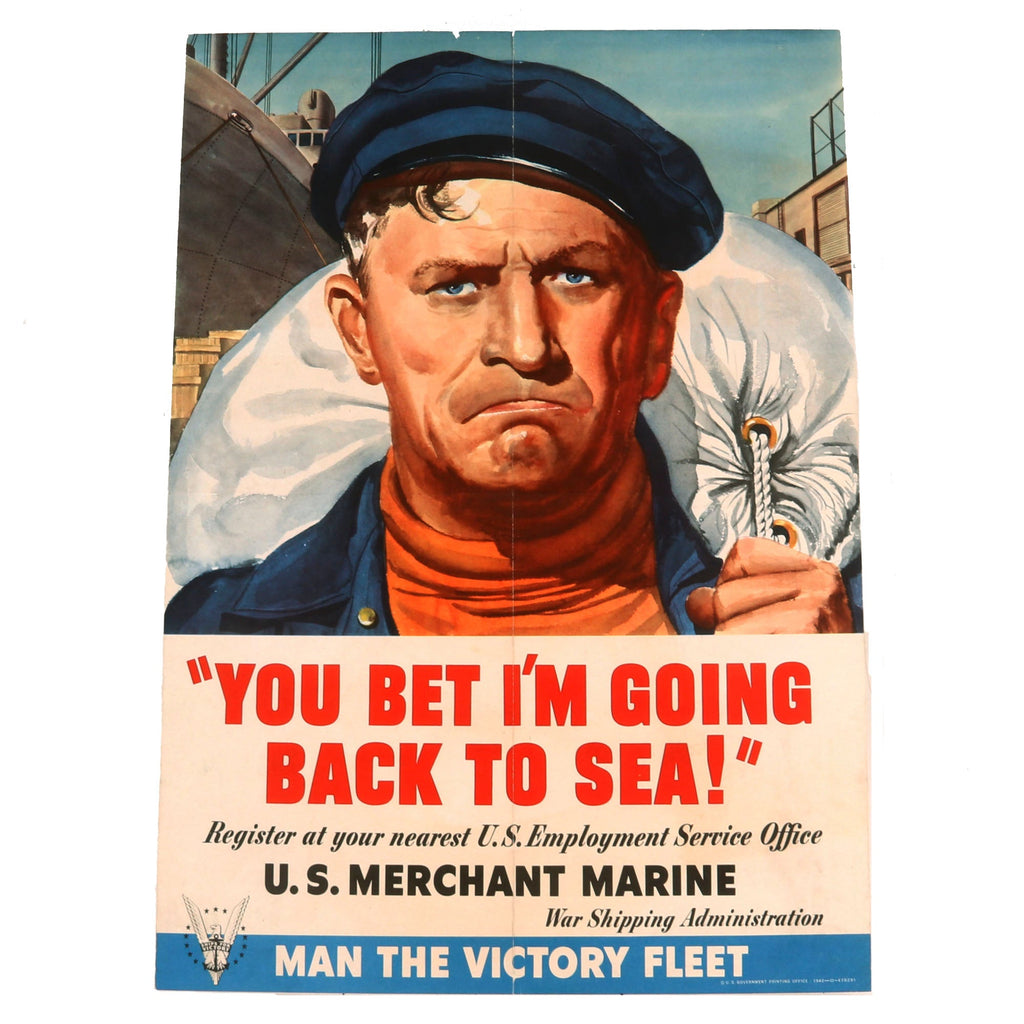 Original U.S. WWII US Merchant Marine “You Bet I’m Going Back To Sea” Recruitment Poster - 20” x 14” Original Items