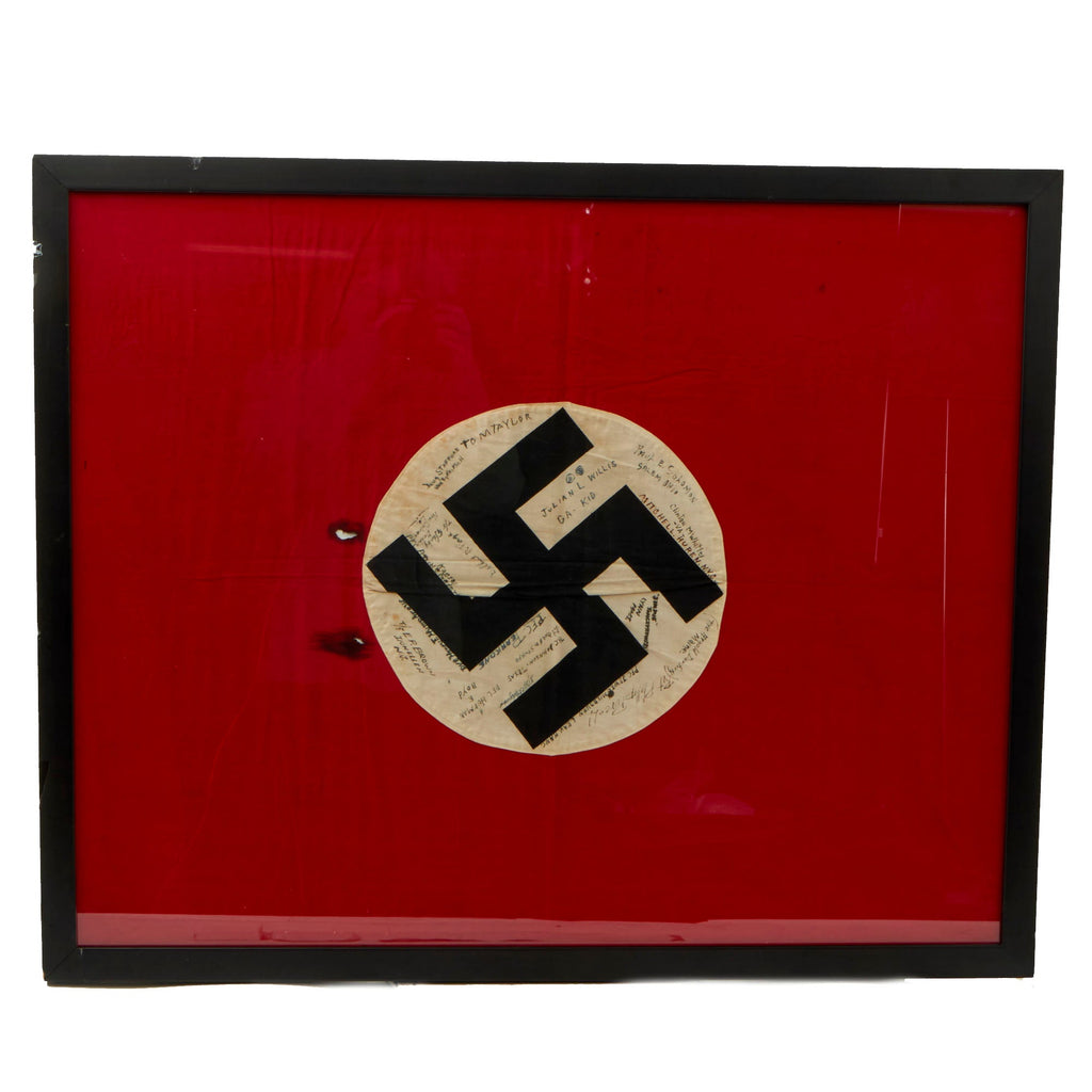 Original German WWII USGI Captured and Signed Wehrmacht Heer Army Camp Flag in Frame - 29 ¼" x 36" Original Items