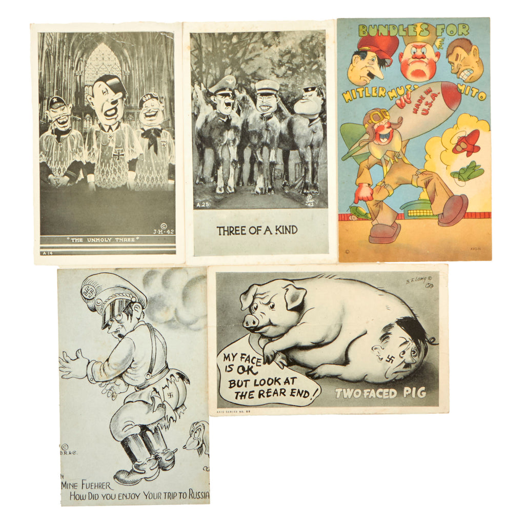 Original WWII Anti-Axis Political Cartoon Illustration Postcards - Set of 5