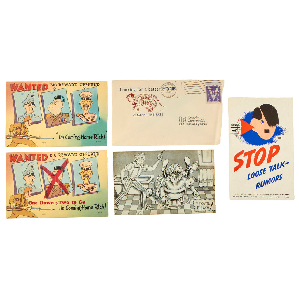 Original WWII Anti-Axis Political Cartoon Illustration Postcards - Set of 4 Postcards & 1 Envelope