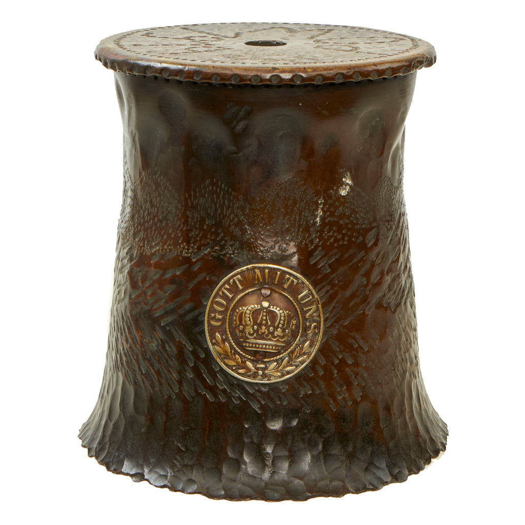 Original WWI German POW Trench Art Brass 115mm Shell Casing Vase With “Gott Mit Uns” Buckle roundel Applied, As Featured In The Book “Trench Art, An Illustrated History” by Jane Kimball on Page 263 Original Items