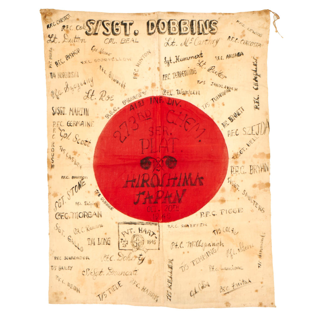 Original U.S. WWII Japanese Occupation Hiroshima 1945 273rd Chemical Service Platoon Signed Japanese Flag - 31” x 24” Original Items