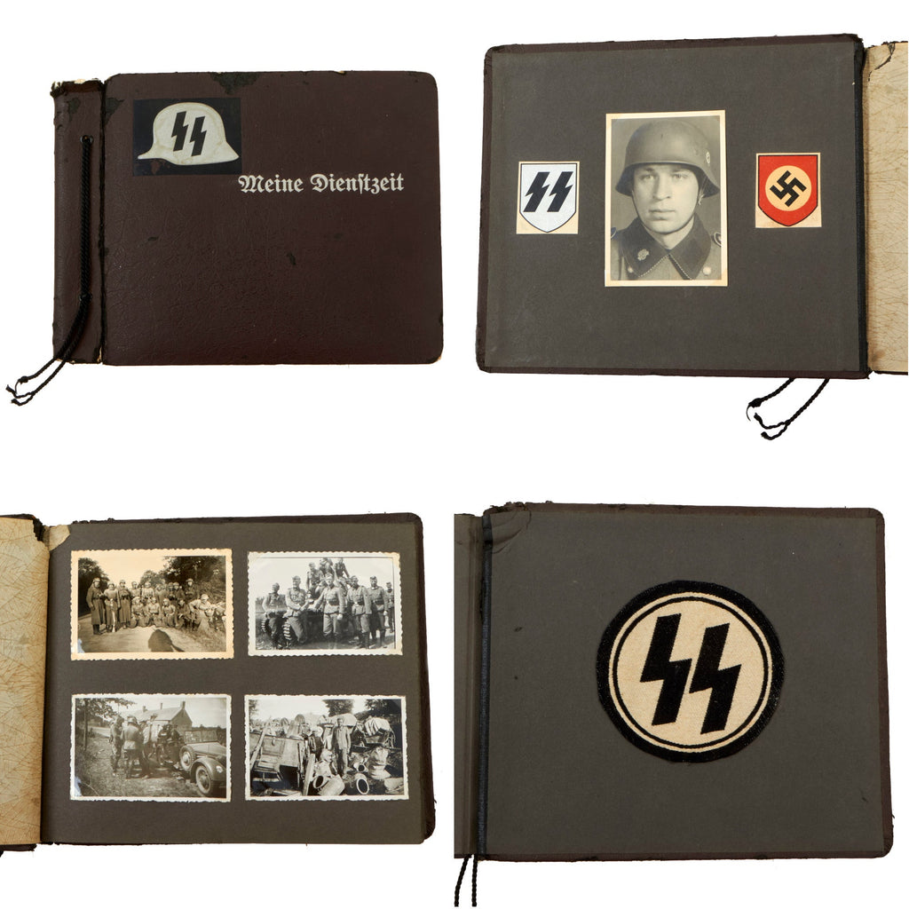 Original German WWII Waffen SS Totenkopf "My Service" Personal Photo Album with Decals & Sports Shirt Insignia Inside Covers - 68 Photos Original Items