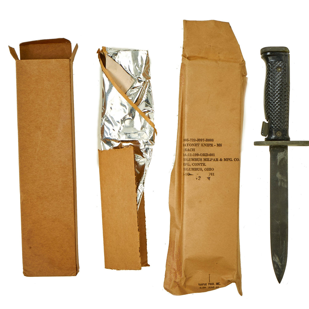 Original U.S. Unissued Pre Vietnam War M6 Bayonet for the M14 Rifle by Columbus Milpar Mfg. Co. in Wrapper and Box dated 1961 - First Year Manufacture/Issue Original Items