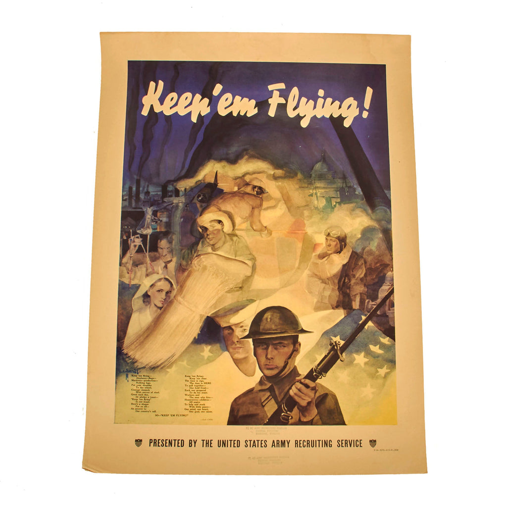 Original U.S. WWII “Keep ‘em Flying!” Poster Used by US Army Recruitment Station in the Federal Building of Sheridan, Wyoming - 28” x 20”, Artwork by C.C. Beall Original Items