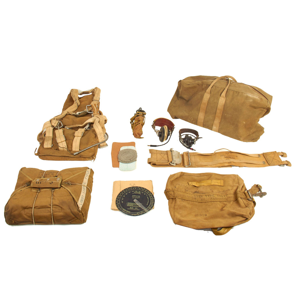 Original U.S. WWII Army Navy Marine Corps Fighter Pilot AN-6510 Seat Parachute Harness and Kit Bag by Switlik Parachute Company With Oxygen Bottle, Headsets and Instruments - Parachute Dated October 1942 Original Items