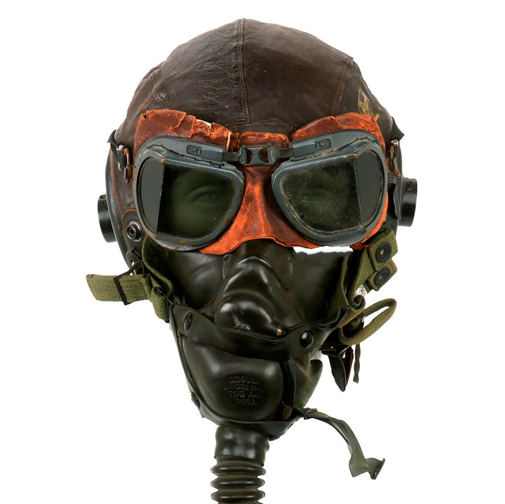 Original U.S. WWII Named USAAF Aviator Flight Helmet Set - British RAF Mk VIII Goggles, A-11 Helmet, & Type A-14 Oxygen Mask Original Items
