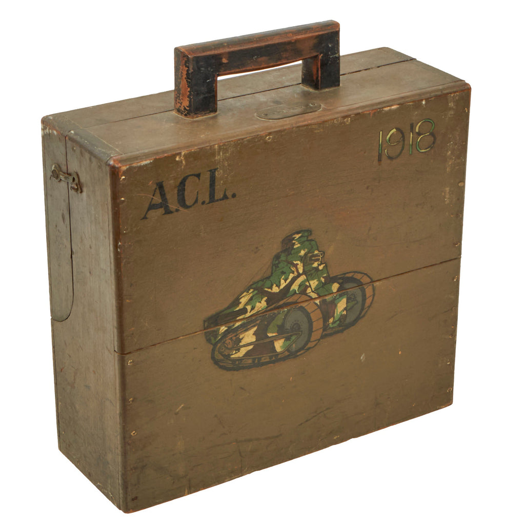 Original French WWI Wooden Typewriter Case With Painted Renault FT Light Tank on the Front - Formerly A.A.F. Tank Museum Collection Original Items