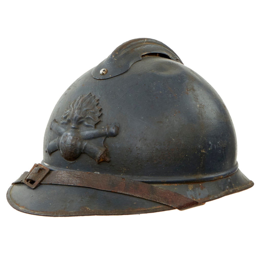 Original French WWI Issue Model 1915 Adrian Helmet in Horizon Blue with Artillery RF Badge and First Pattern Liner - Complete Original Items