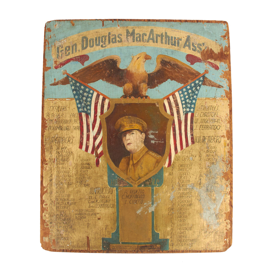 Original U.S. WWII Era General Douglas MacArthur Association” Hand Painted Wood Sign by John Landgraf in 1942 - 44” x 36” Original Items