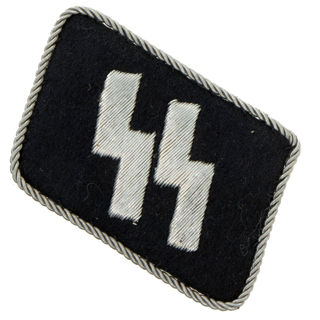 Original German WWII SS Officers Bullion Embroidered Double Sig Rune Collar Tab with SS RZM Tag - Schutzstaffel Original Items