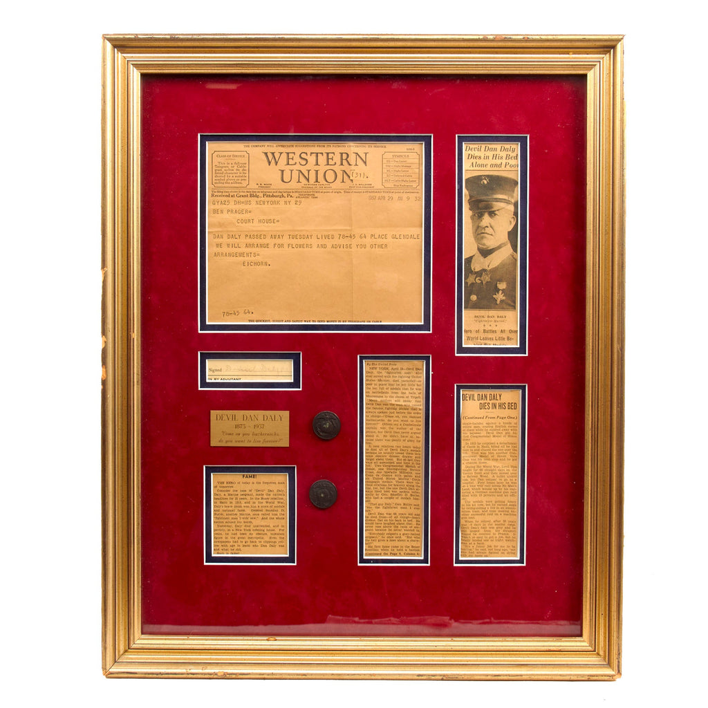 Original U.S. Post WWI Framed Display For US Marine Medal of Honor Recipient (Twice Awarded) Sergeant Major Dan Daly With Signature and WWII Numbered Distinguished Service Cross - 22” x 18” Original Items