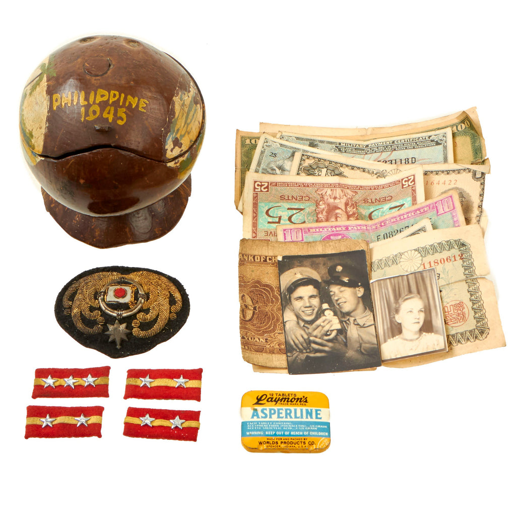 Original U.S. WWII US Marine Corps “Trench Art” Philippines 1945 Painted Coconut Keepsake Bowl With Japanese Bringback Items Original Items