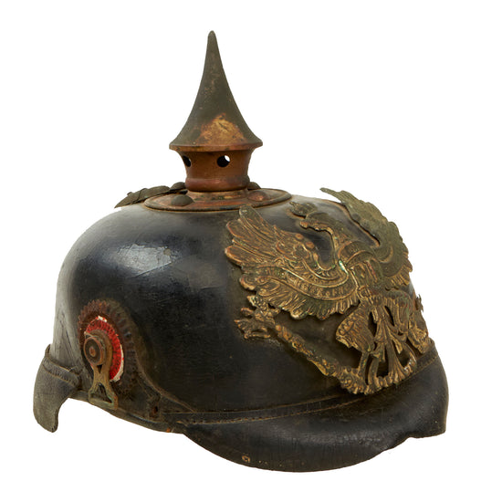 Original German WWI Named & Unit-Marked Prussian M1895 Pickelhaube Spiked Helmet with Original Cockades and Broken Chinstrap - Marked to 30th Pioneer Regiment - Size 57