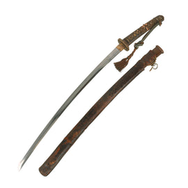 Original WWII Japanese Type 98 Shin-Gunto Katana Sword with Handmade Edo Period Blade, Leather Covered Steel Scabbard, and Company Grade Tassel