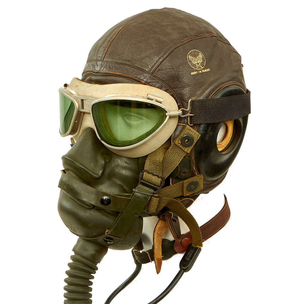 DRAFT Original U.S. WWII Army Air Forces Aviator A-11 Flight Helmet Set - A-14 Mask and B-8 Goggles Original Items