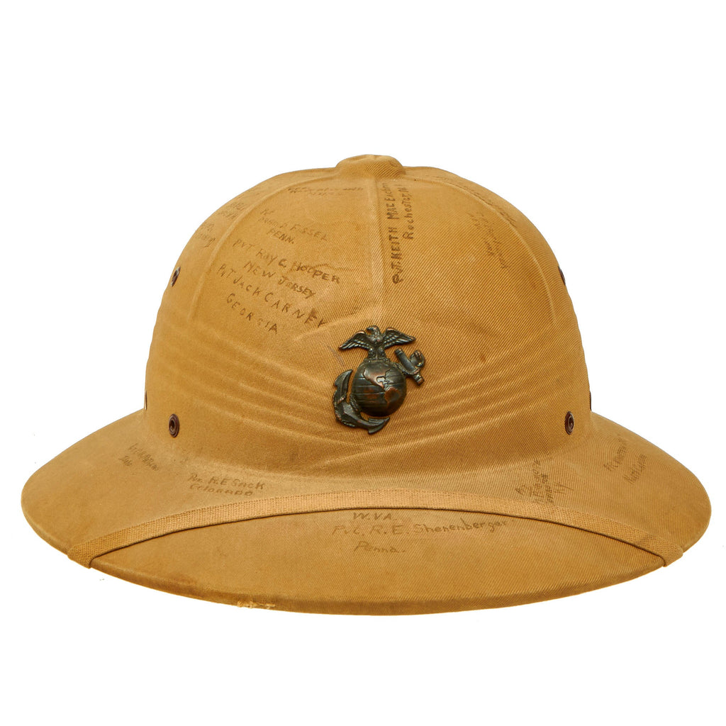 Original U.S. WWII USMC Pressed Fiber Sun Helmet by International Hat Co Dated 1941 With Signatures of Marines From Marine Air Wing and Anti-Aircraft Units Original Items