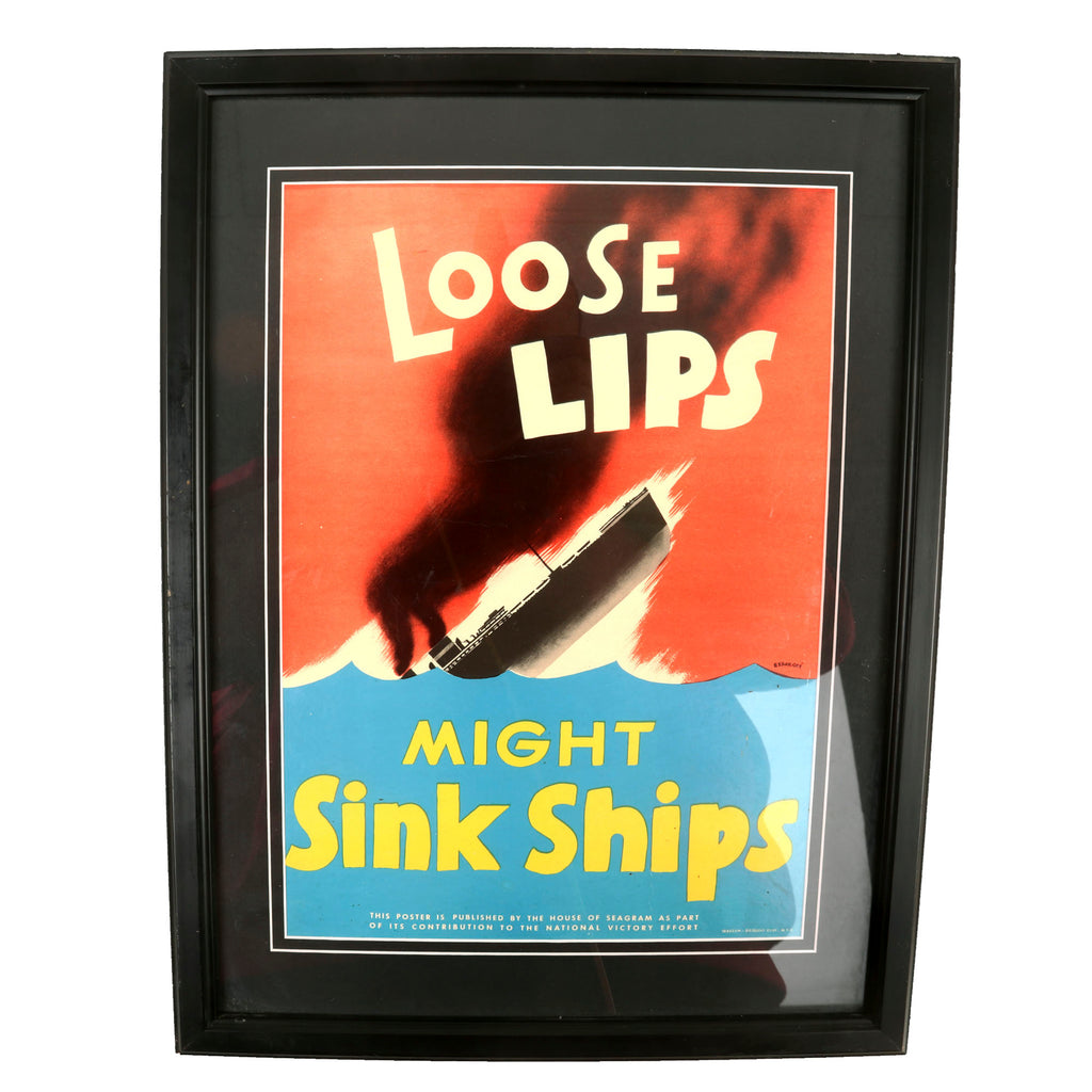 Original U.S. WWII Framed “Loose Lips Might Sink Ships” Anti-Espionage Propaganda Poster by Seymour R. Goff - 13¾ x 18¼”